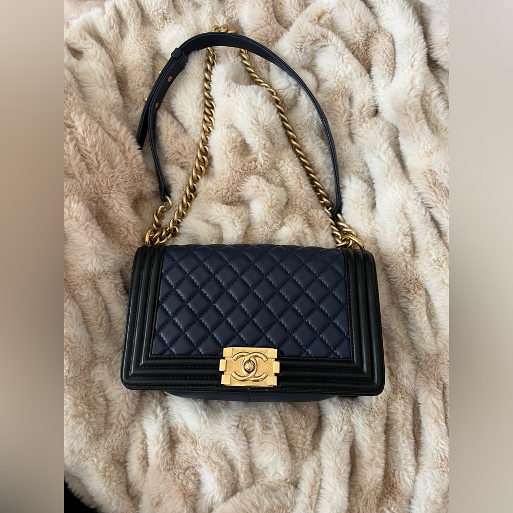 Chanel Navy Blue and Black Medium Boy bag- AUTHENTIC